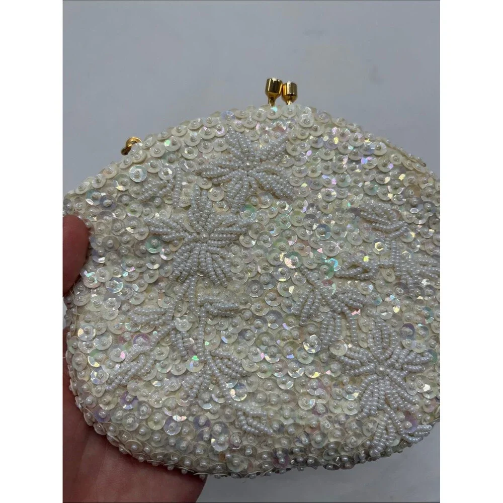 Vintage 1960s Beaded Sequin White Iridescent Clutch